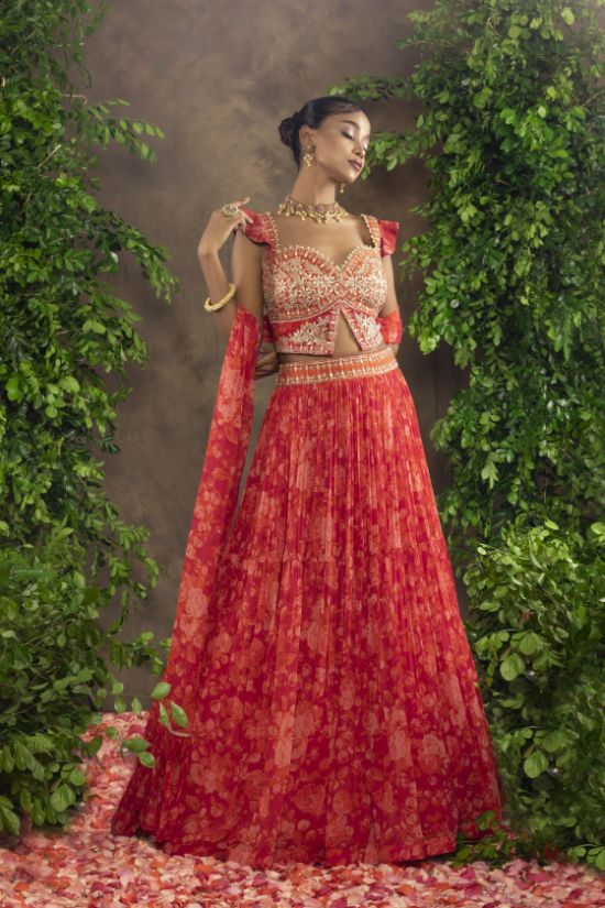 Fuchsia Orange Floral Printed Peplum Blouse And Lehnga - Image 4