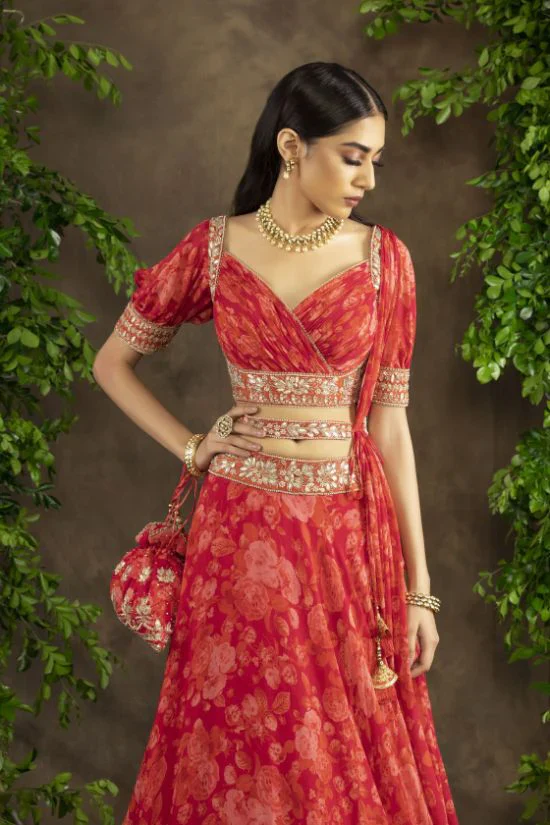 Fuchsia Orange Floral Printed Rooshing Blouse And Lehnga - Image 2