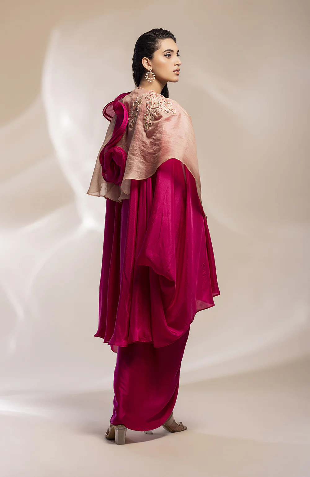 Fuchsia Pink Cape With A Draped Dress - Image 2
