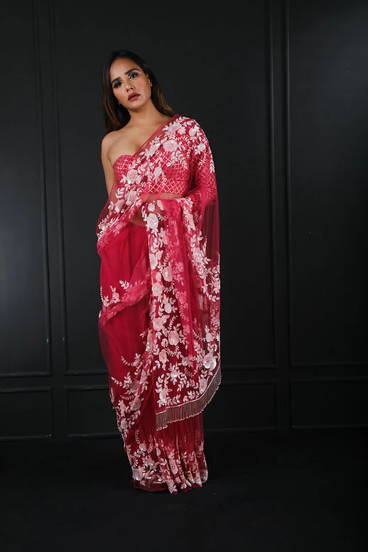 Fuchsia Pink Floral Saree