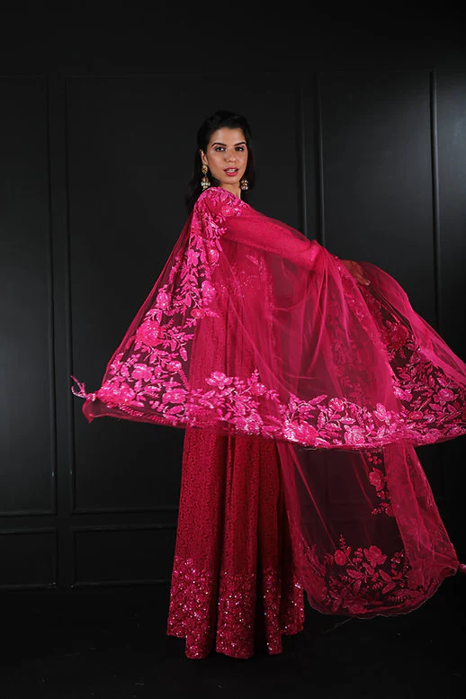 Fuchsia Pink Lace Hand Embroidered Anarkali - Image 2
