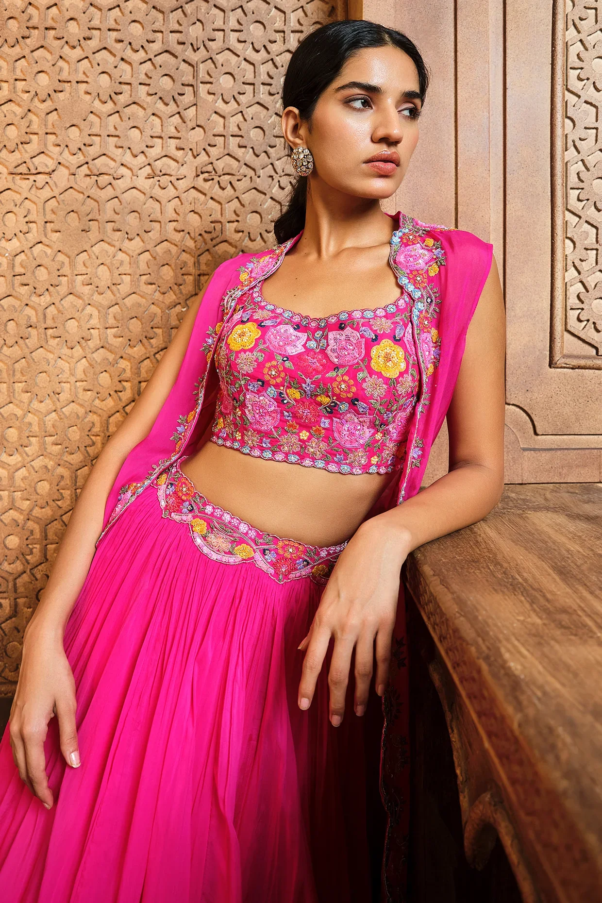 Fuchsia Pink Multicolor Cape Skirt Set - Image 2