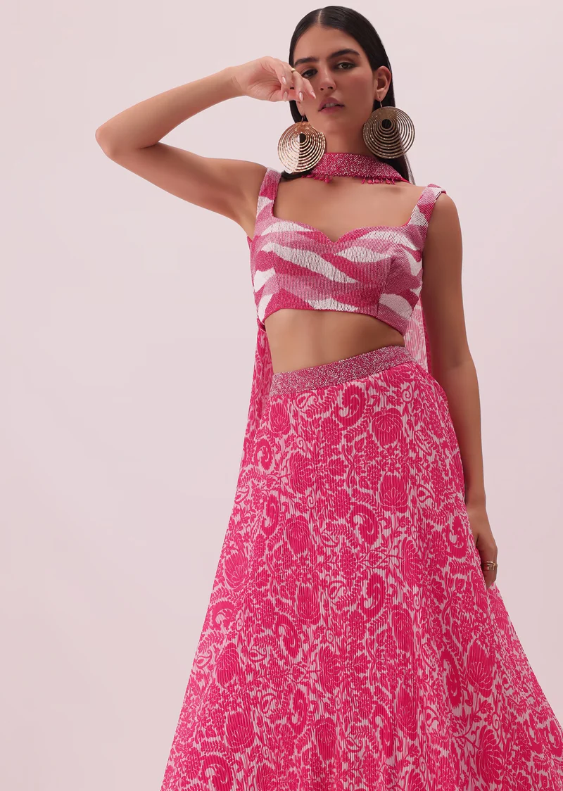 Fuchsia Pink Printed Georgette Lehenga Set With Hand Embroidered Blouse And Choker - Image 2
