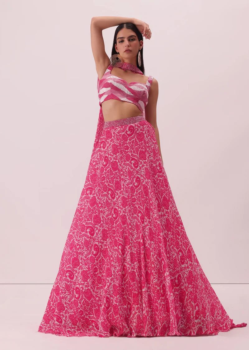 Fuchsia Pink Printed Georgette Lehenga Set With Hand Embroidered Blouse And Choker - Image 3
