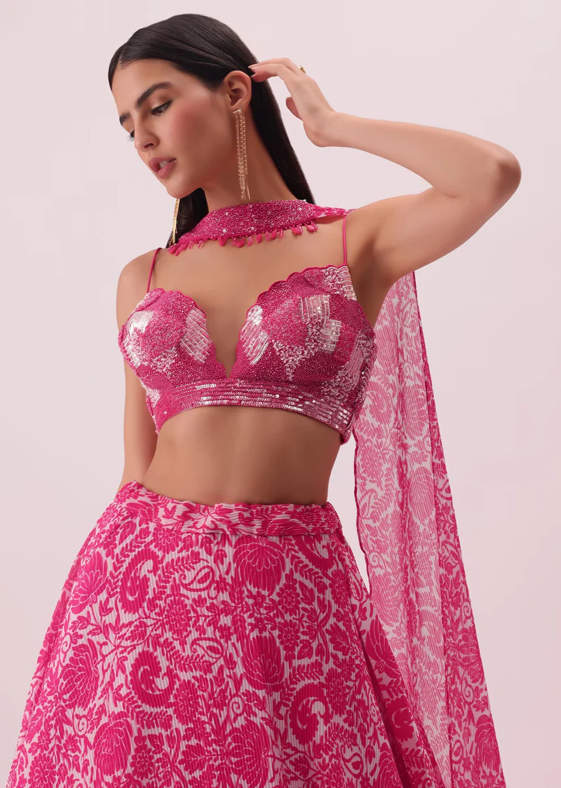 Fuchsia Pink Printed Georgette Lehengas Set With Hand Embroidered Blouse And Choker - Image 2