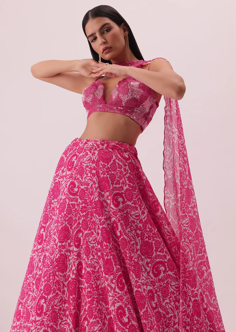 Fuchsia Pink Printed Georgette Lehengas Set With Hand Embroidered Blouse And Choker - Image 4