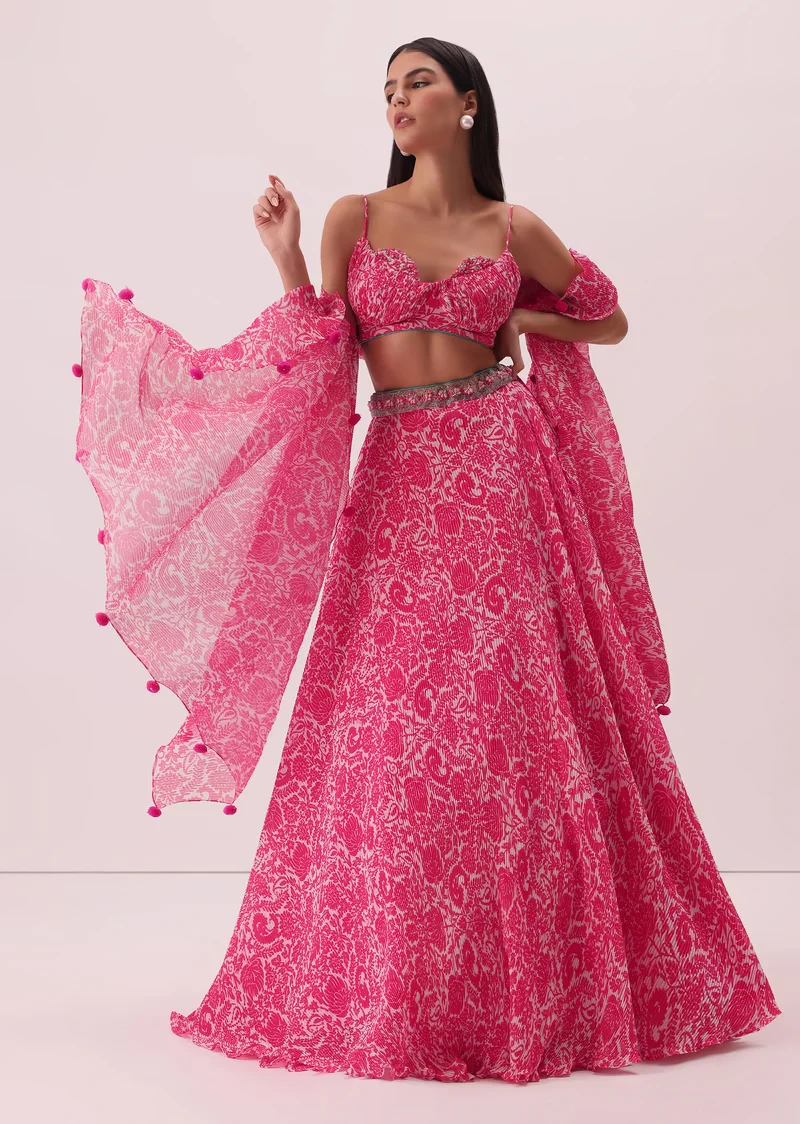 Fuchsia Pink Printed Lehenga Set In Pleated Georgette With Hand Embroidery
