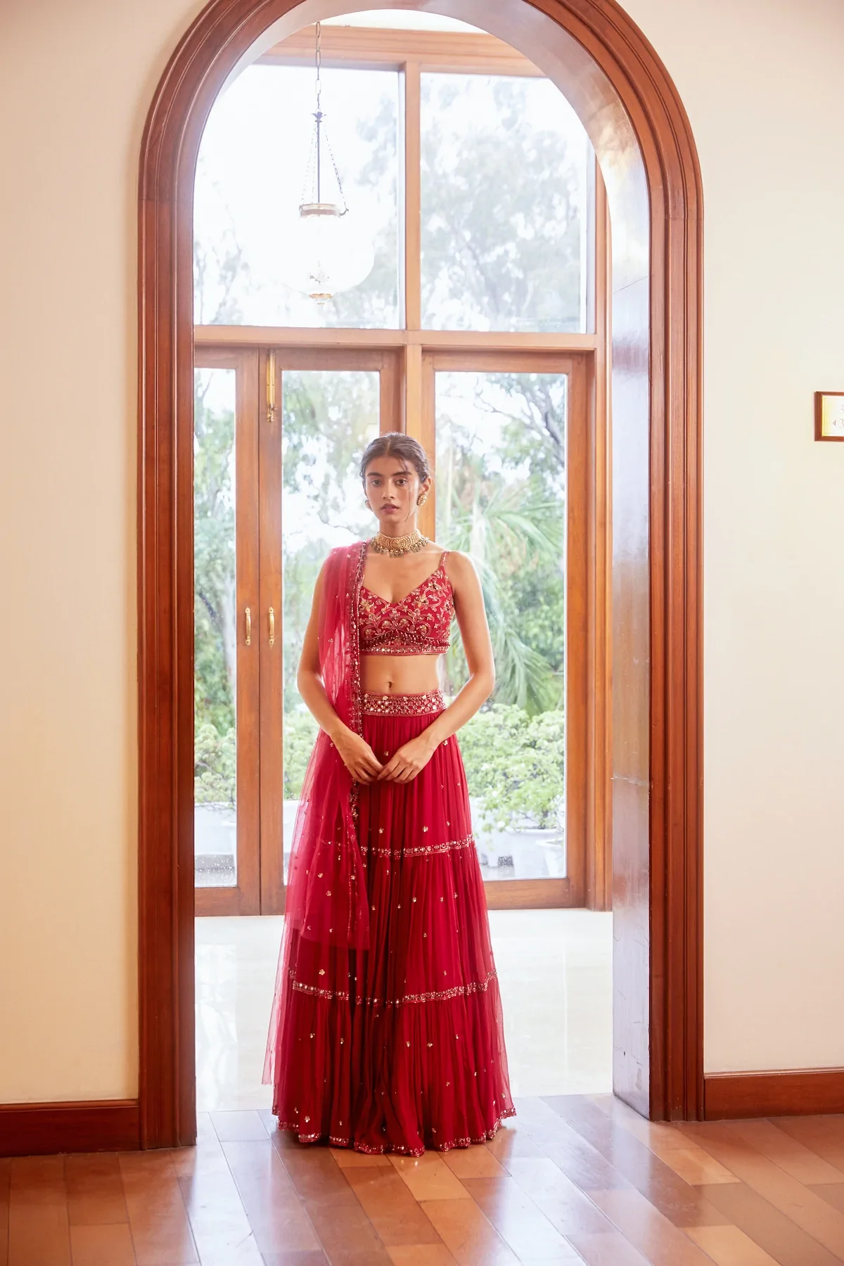 Fuchsia Three Tiered Lehenga With Blouse And Dupatta