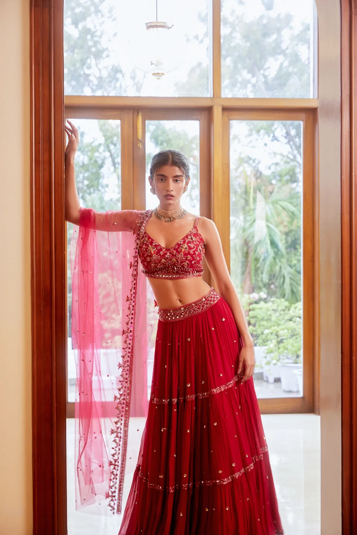 Fuchsia Three Tiered Lehenga With Blouse And Dupatta - Image 4