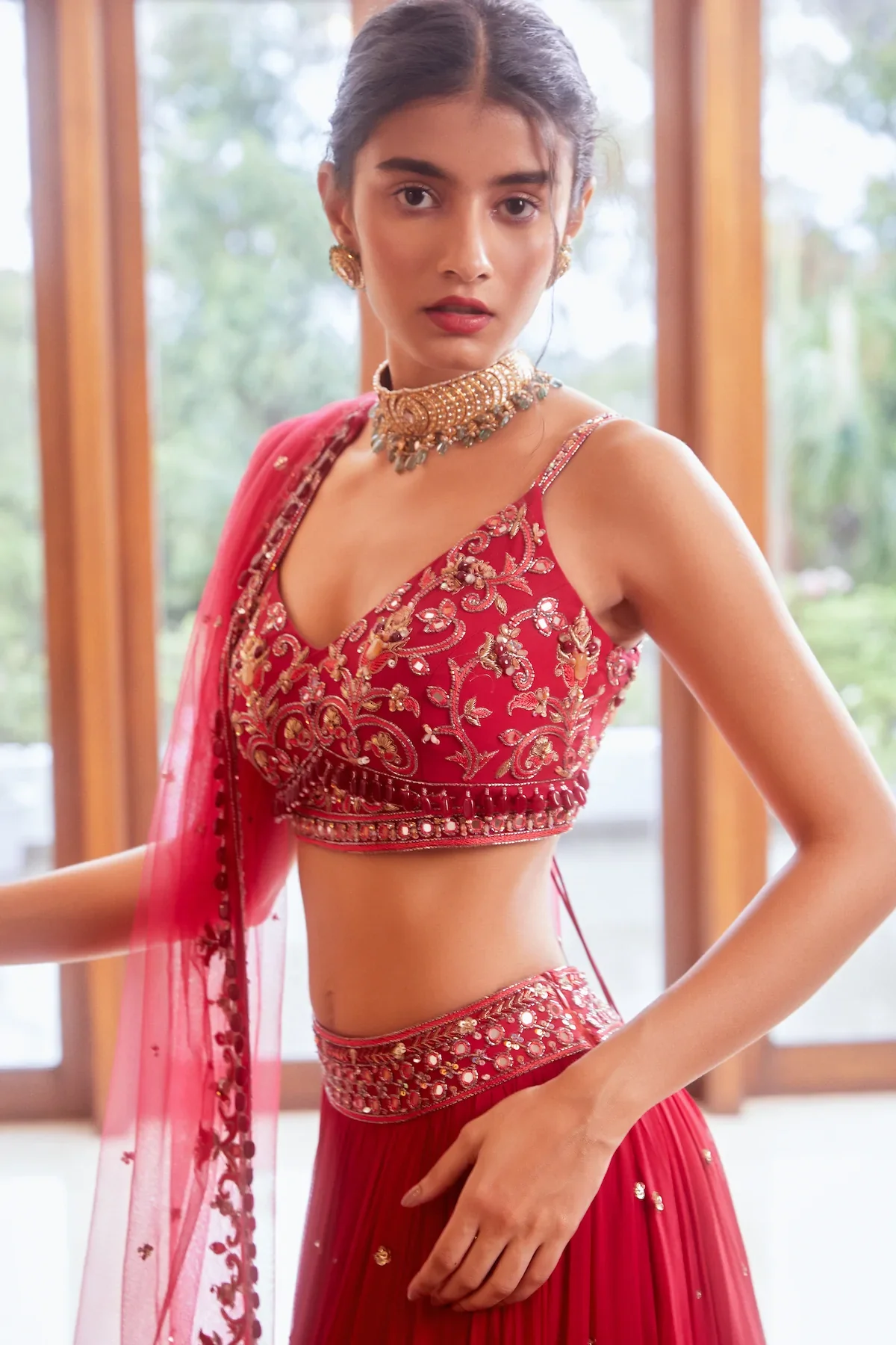 Fuchsia Three Tiered Lehenga With Blouse And Dupatta - Image 5