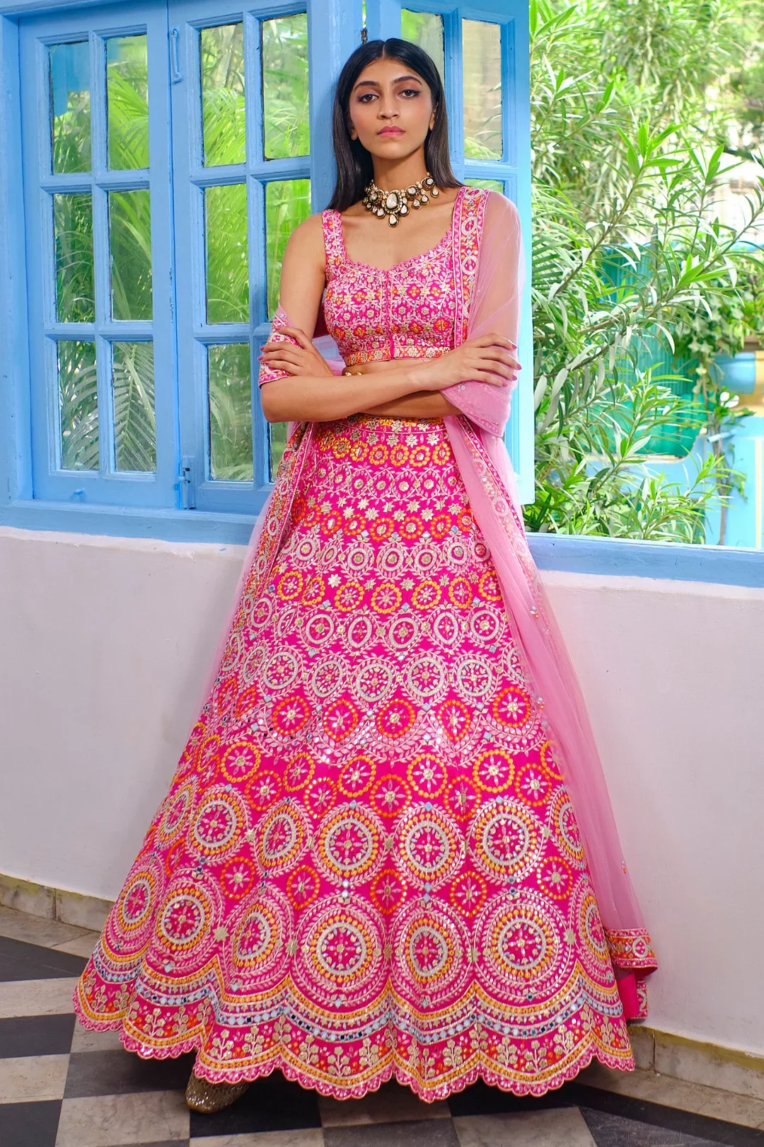 Fushcia Pink Circles Lehenga