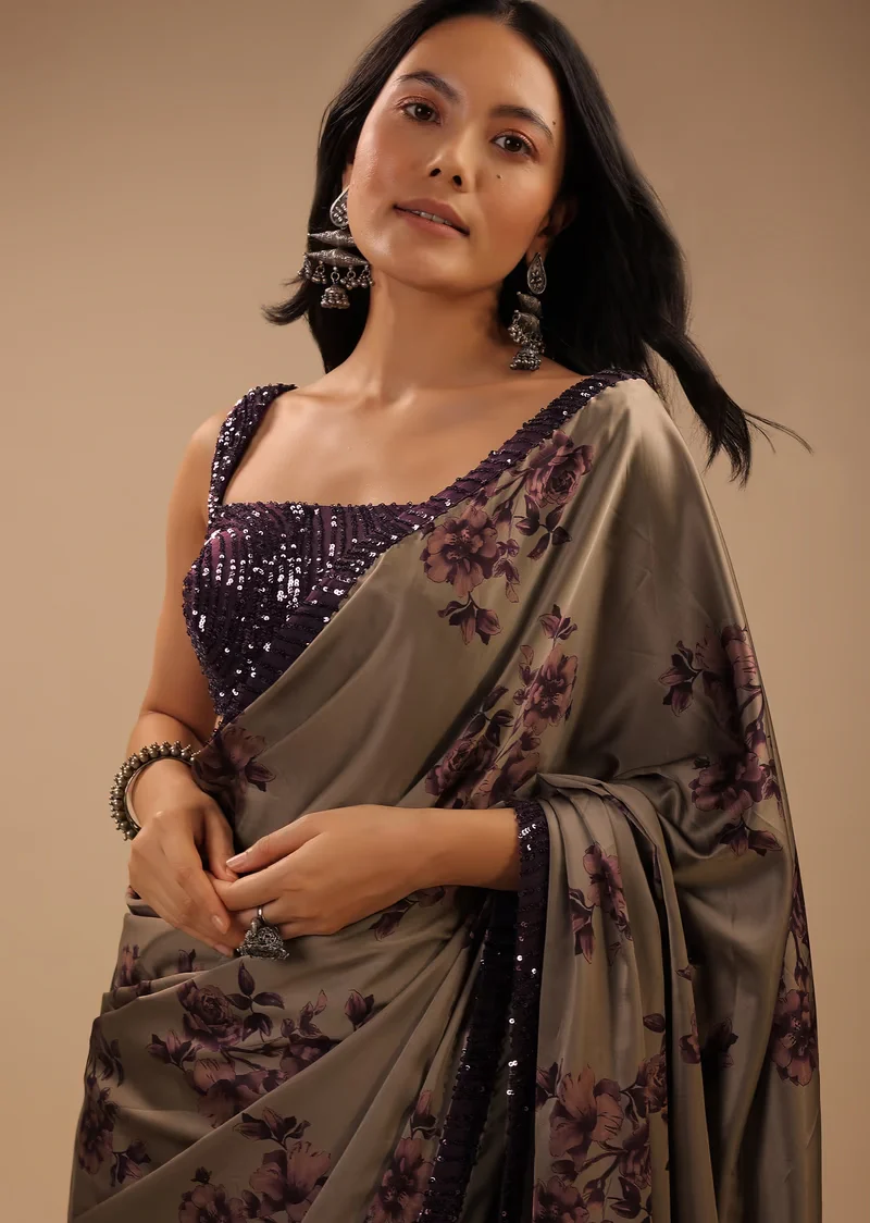 Ginger Grey Satin Saree With Floral Print And Purple Sequin Border - Image 2