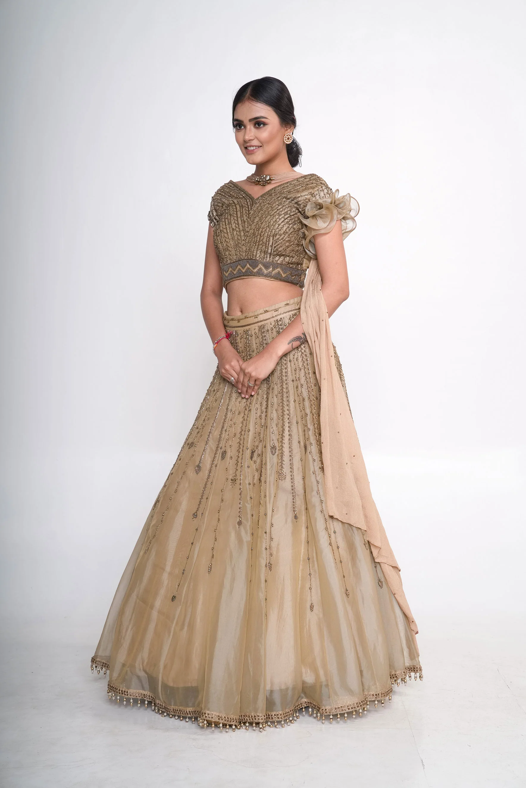 Gold Chiffon Embroidered Lehenga Set