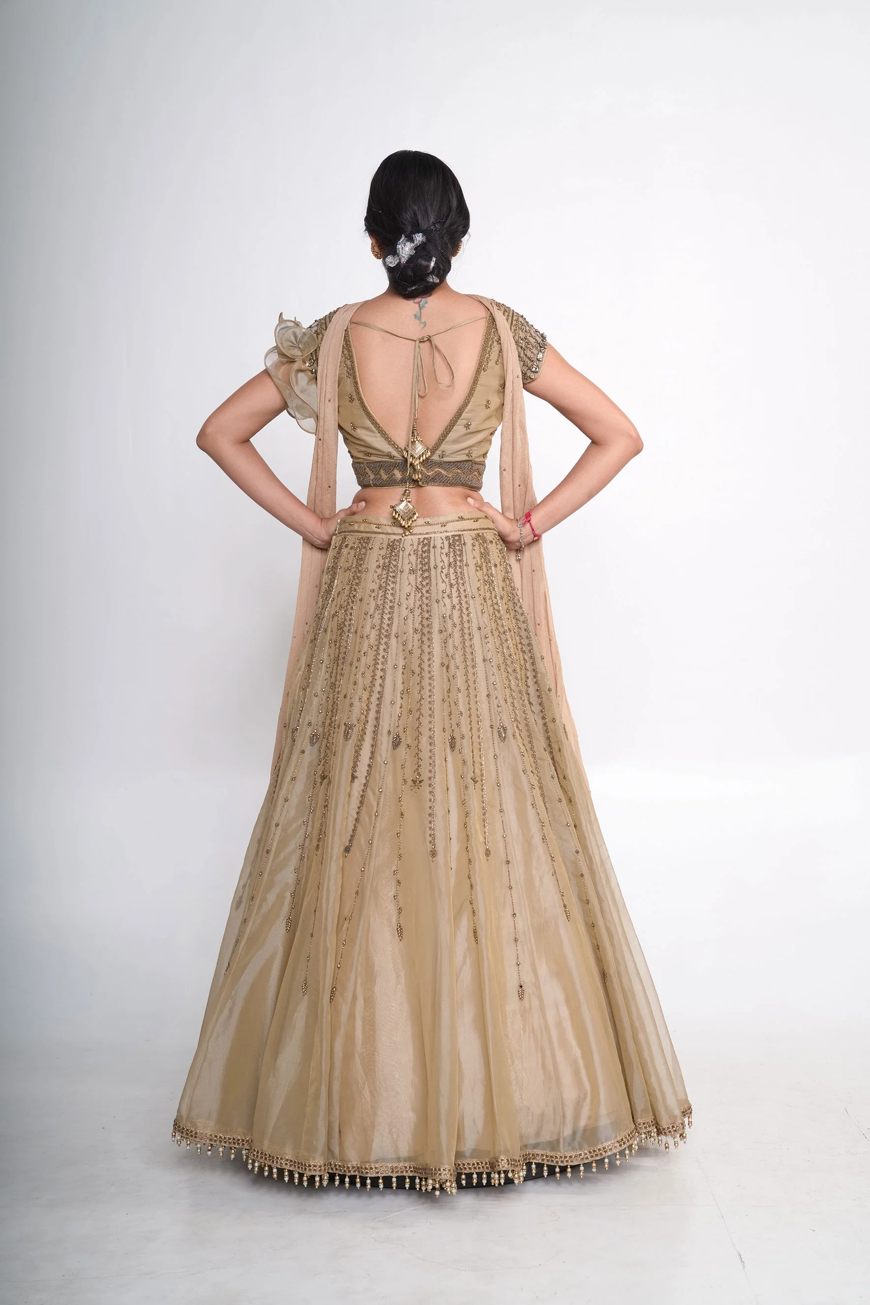 Gold Chiffon Embroidered Lehenga Set - Image 5