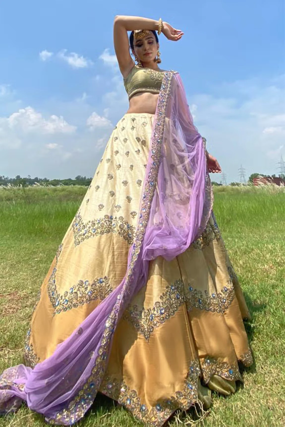 Gold Raw Silk Embroidered Lehenga Set