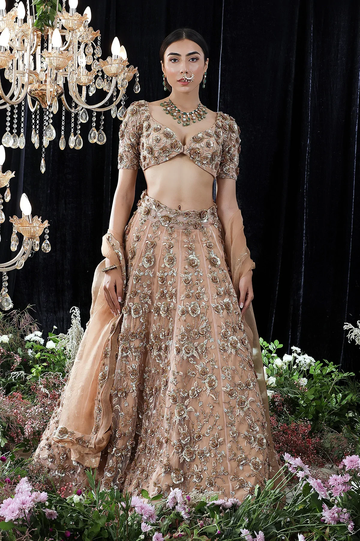 Gold Shantoon Jewel Hand Embroidered Lehenga Set - Image 3