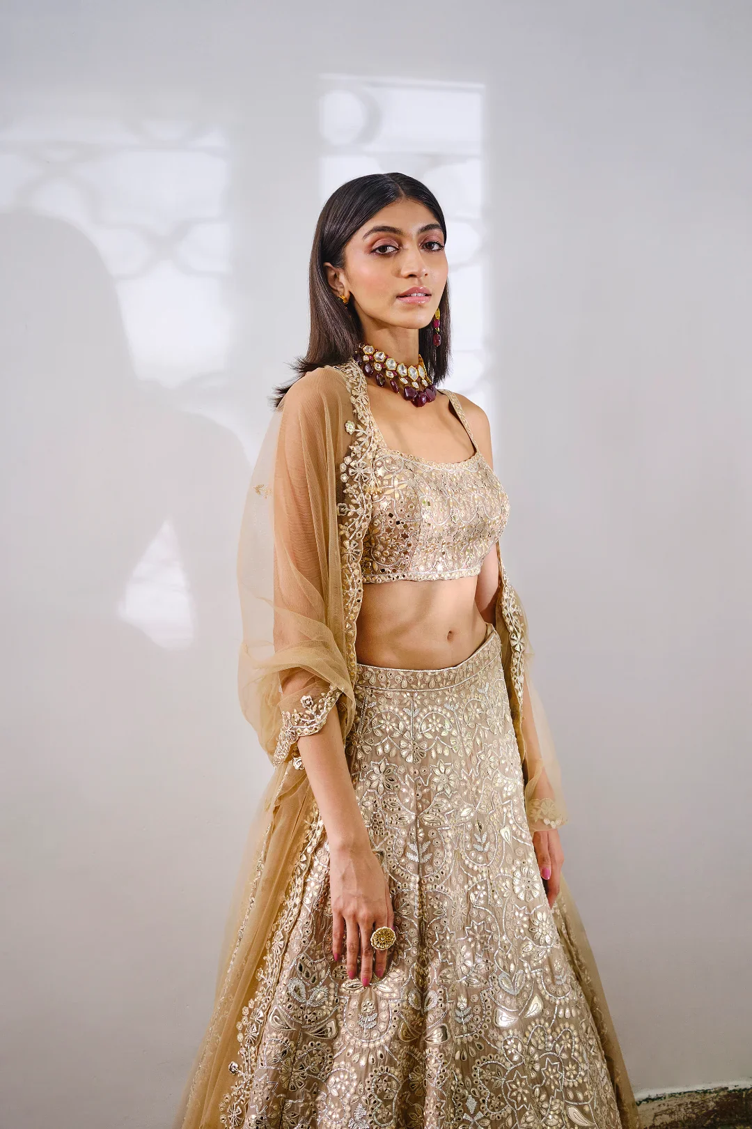 Gold Silk Floral Lehenga - Image 3