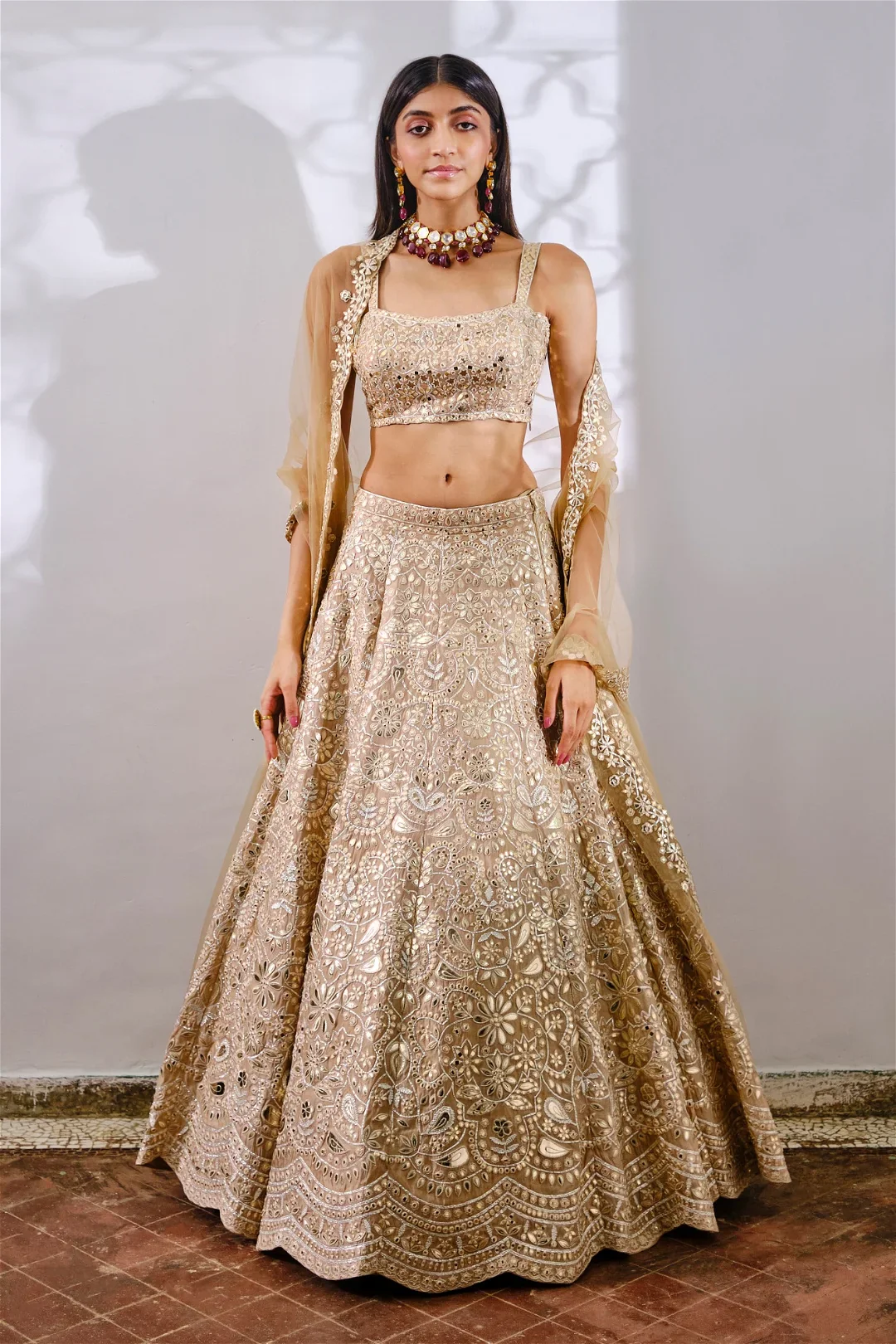 Gold Silk Floral Lehenga - Image 4