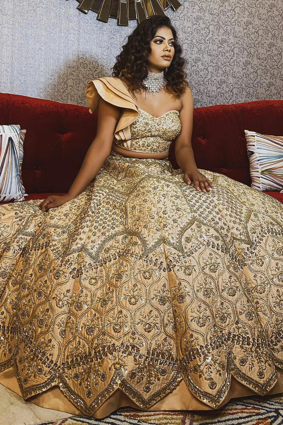 Gold Silk Taffeta Embroidered One Shoulder Lehenga Set