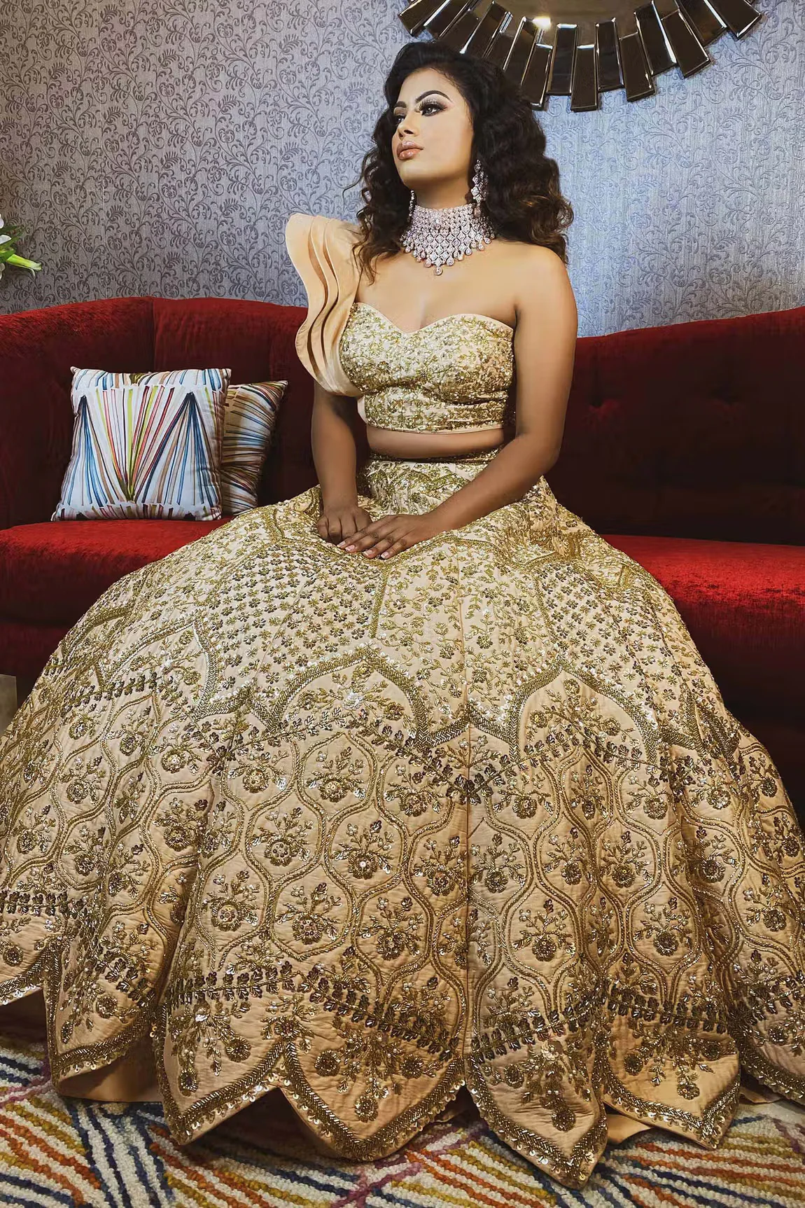 Gold Silk Taffeta Embroidered One Shoulder Lehenga Set - Image 2