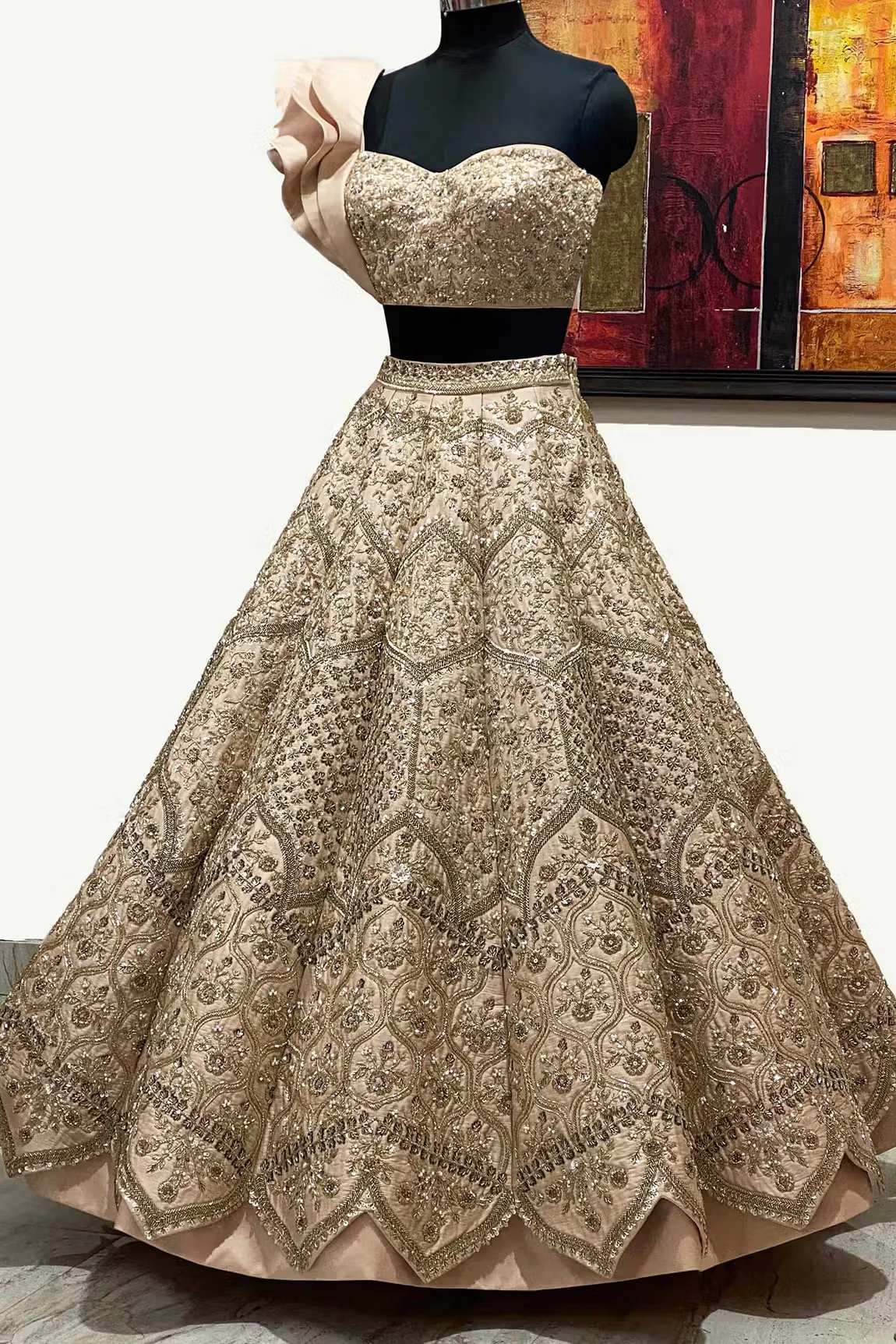 Gold Silk Taffeta Embroidered One Shoulder Lehenga Set - Image 3