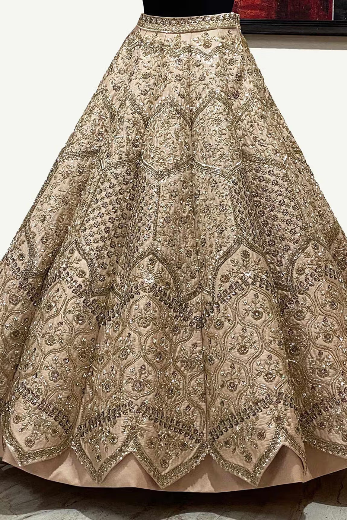 Gold Silk Taffeta Embroidered One Shoulder Lehenga Set - Image 4