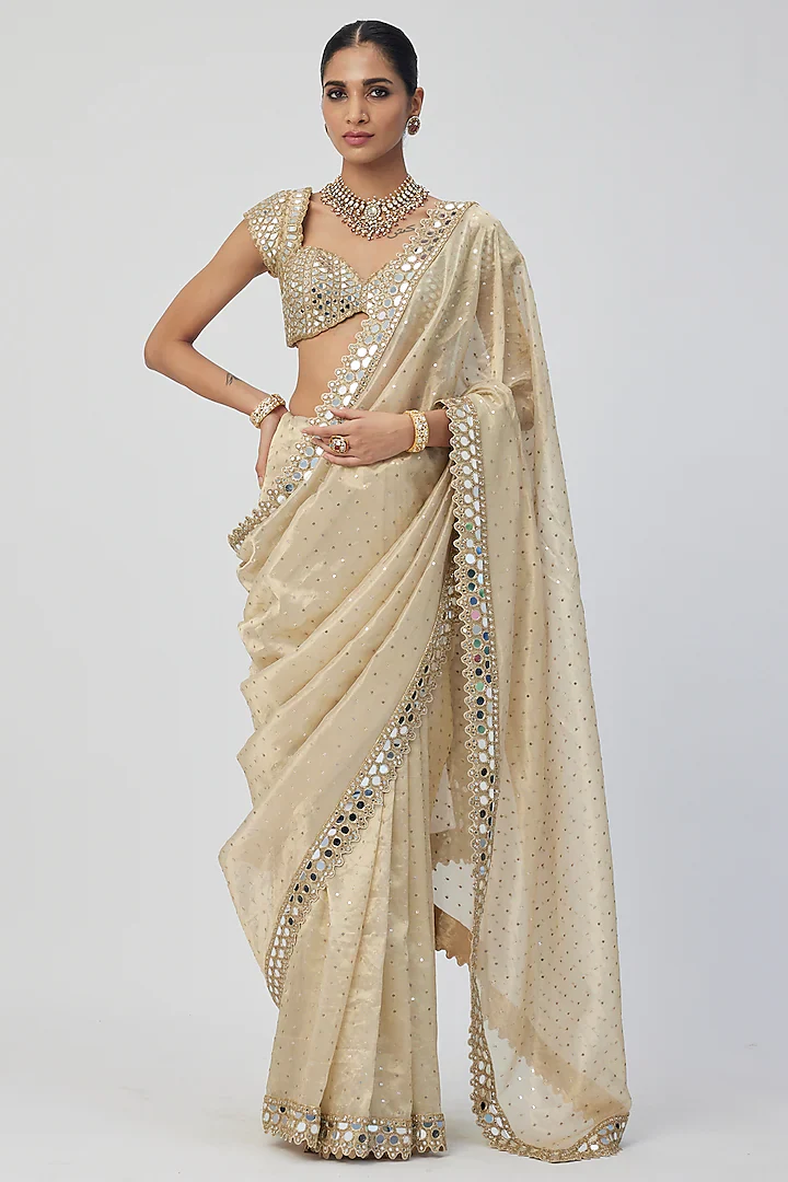 Golden Banarasi shimmer Organza saree