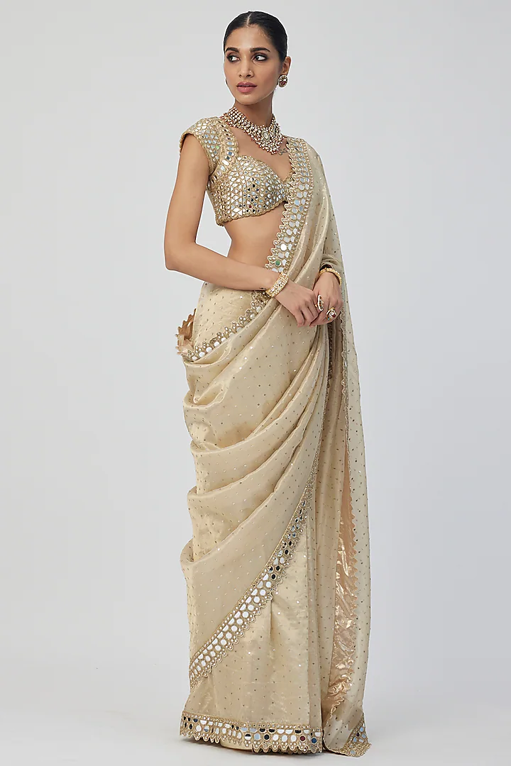 Golden Banarasi shimmer Organza saree - Image 2