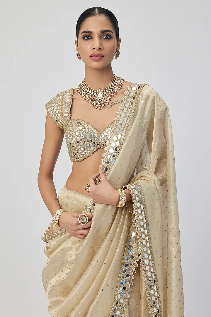 Golden Banarasi shimmer Organza saree - Image 3