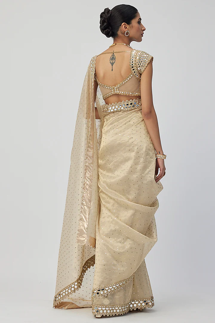 Golden Banarasi shimmer Organza saree - Image 4