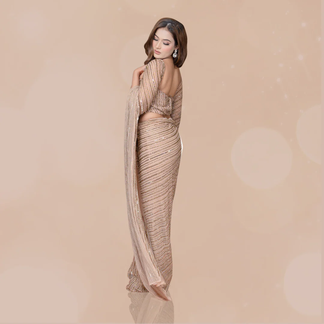 Golden Hand Embroidered Drape Saree With Blouse - Image 3