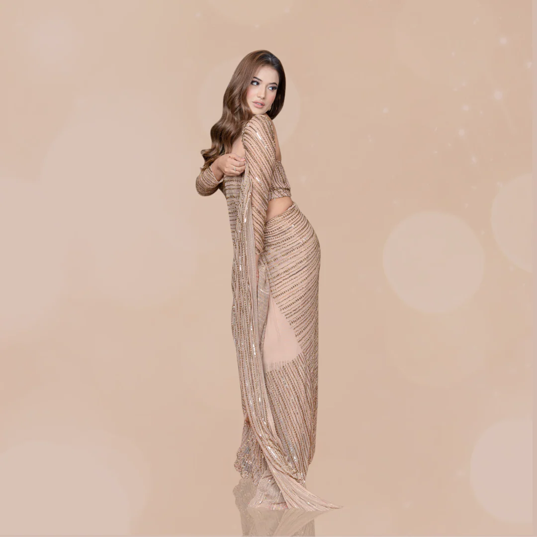 Golden Hand Embroidered Drape Saree With Blouse - Image 4