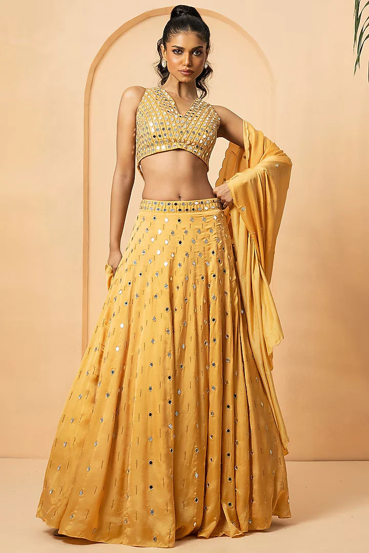 Golden Modal Satin Mirror & Pearl Hand Embroidered Lehenga Set