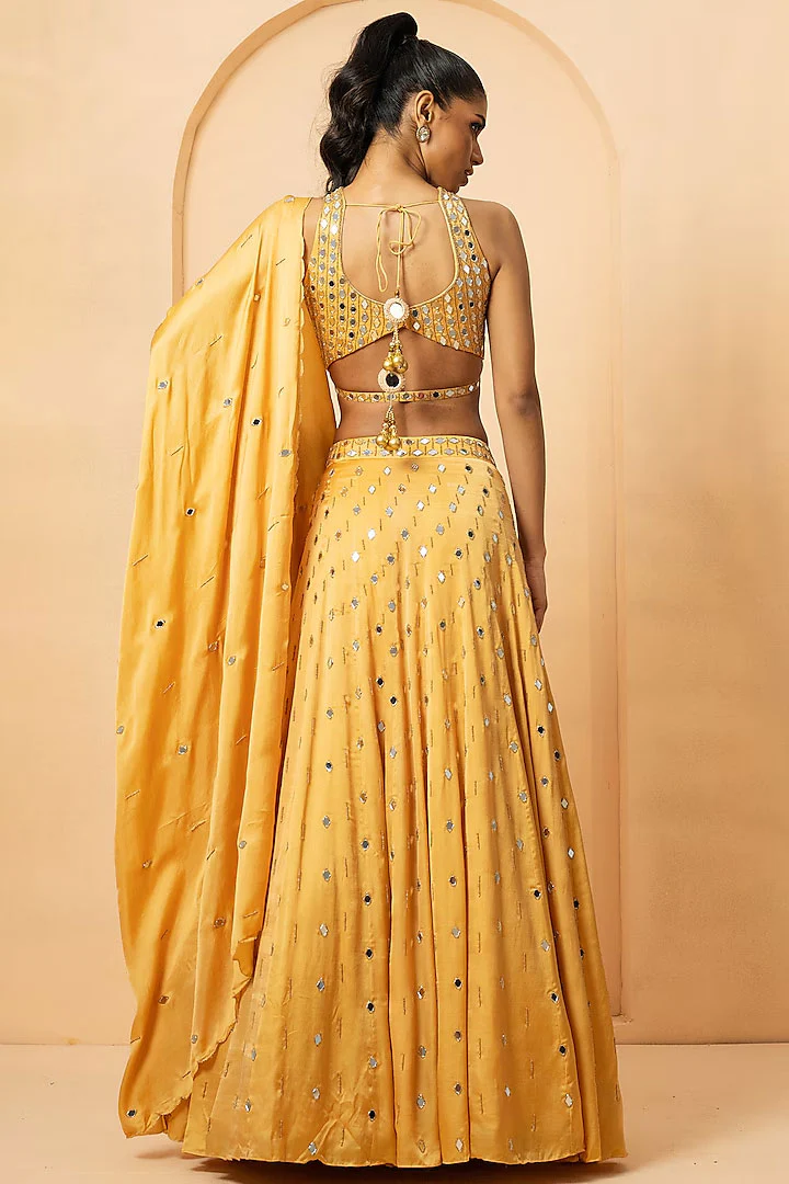 Golden Modal Satin Mirror & Pearl Hand Embroidered Lehenga Set - Image 3