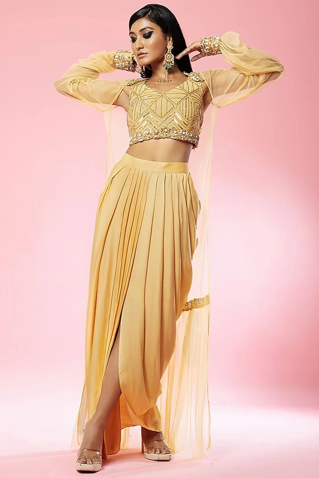 Golden Net Hand Embroidered Cape Set - Image 2