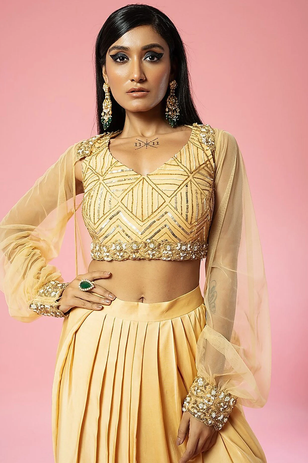 Golden Net Hand Embroidered Cape Set - Image 3