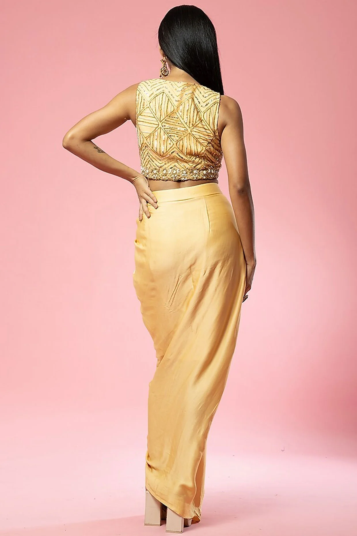 Golden Net Hand Embroidered Cape Set - Image 4