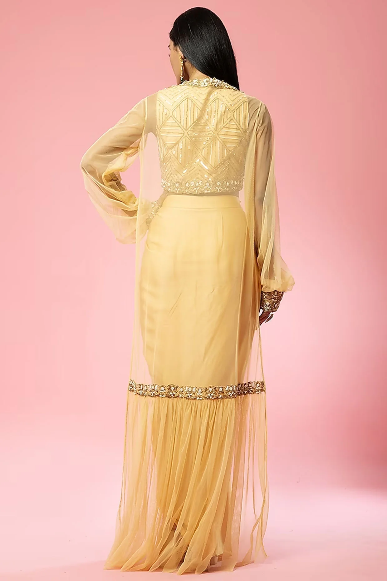 Golden Net Hand Embroidered Cape Set - Image 5