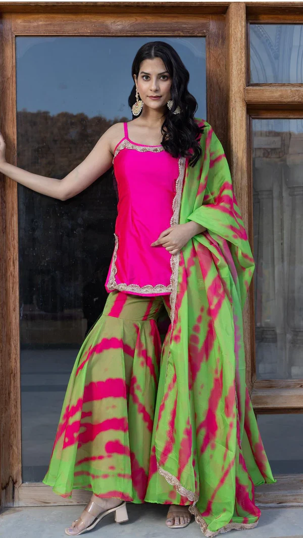 Golden Shower Pink Green Sharara Set - Image 4