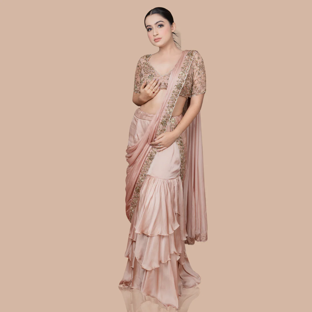 Golden Skirt Saree With Hand Embroidered Blouse And Drape - Image 3