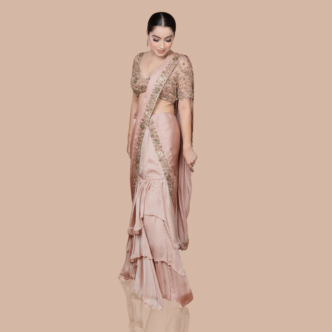 Golden Skirt Saree With Hand Embroidered Blouse And Drape - Image 4