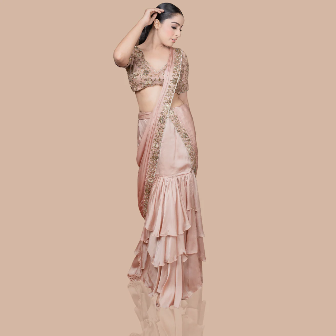 Golden Skirt Saree With Hand Embroidered Blouse And Drape - Image 5