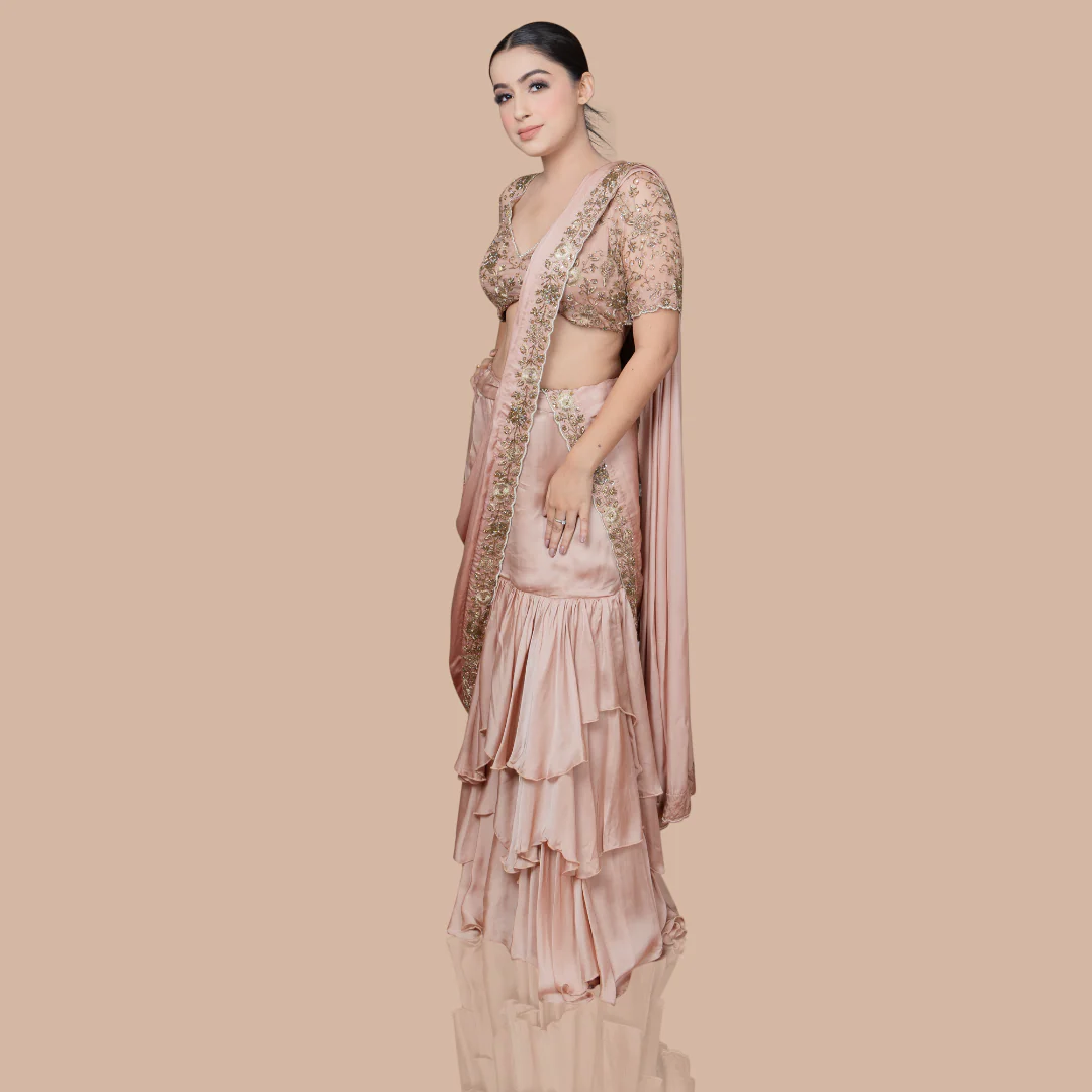 Golden Skirt Saree With Hand Embroidered Blouse And Drape - Image 6