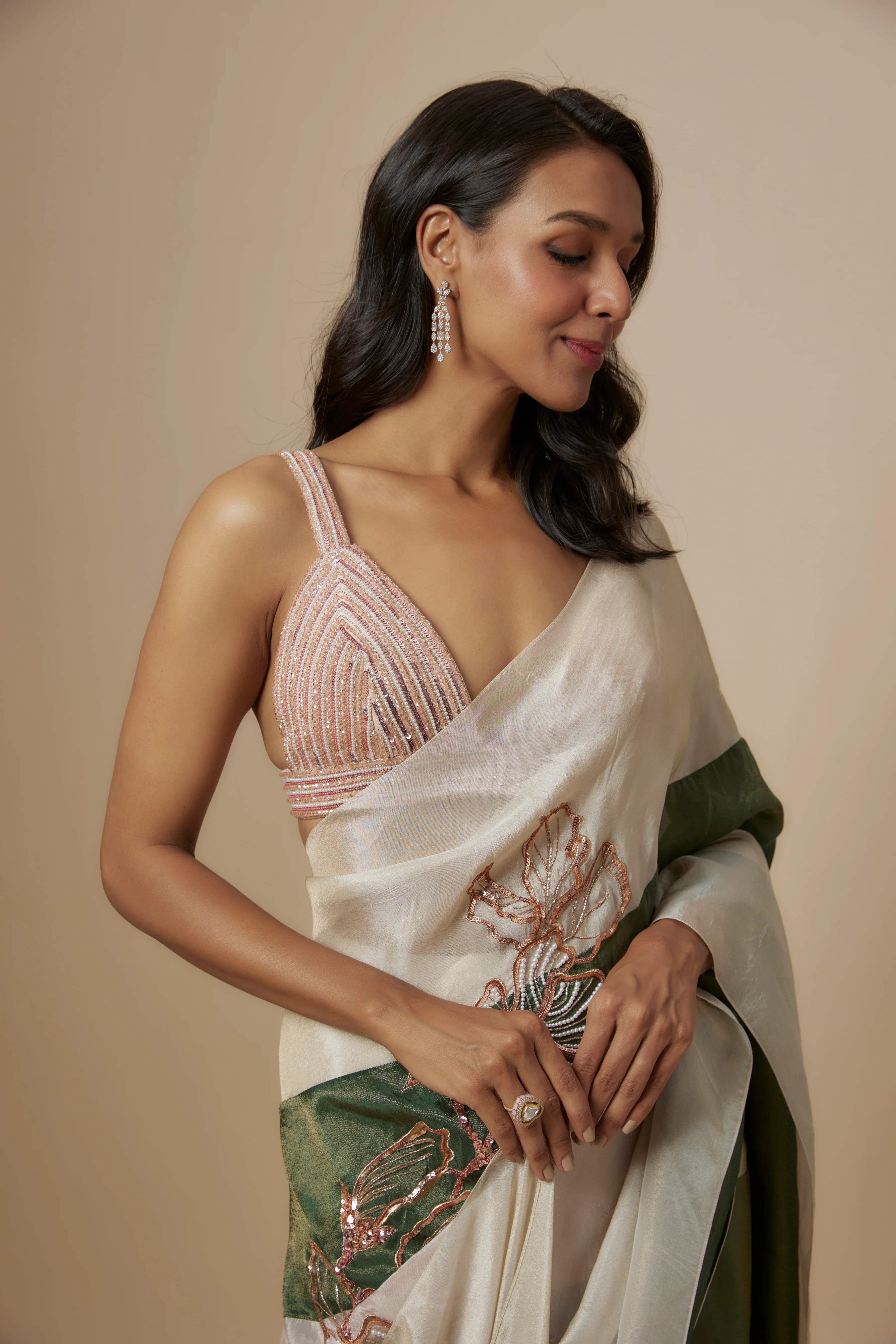 Green And Beige Colour Block Saree With Embroidered Blouse - Image 2