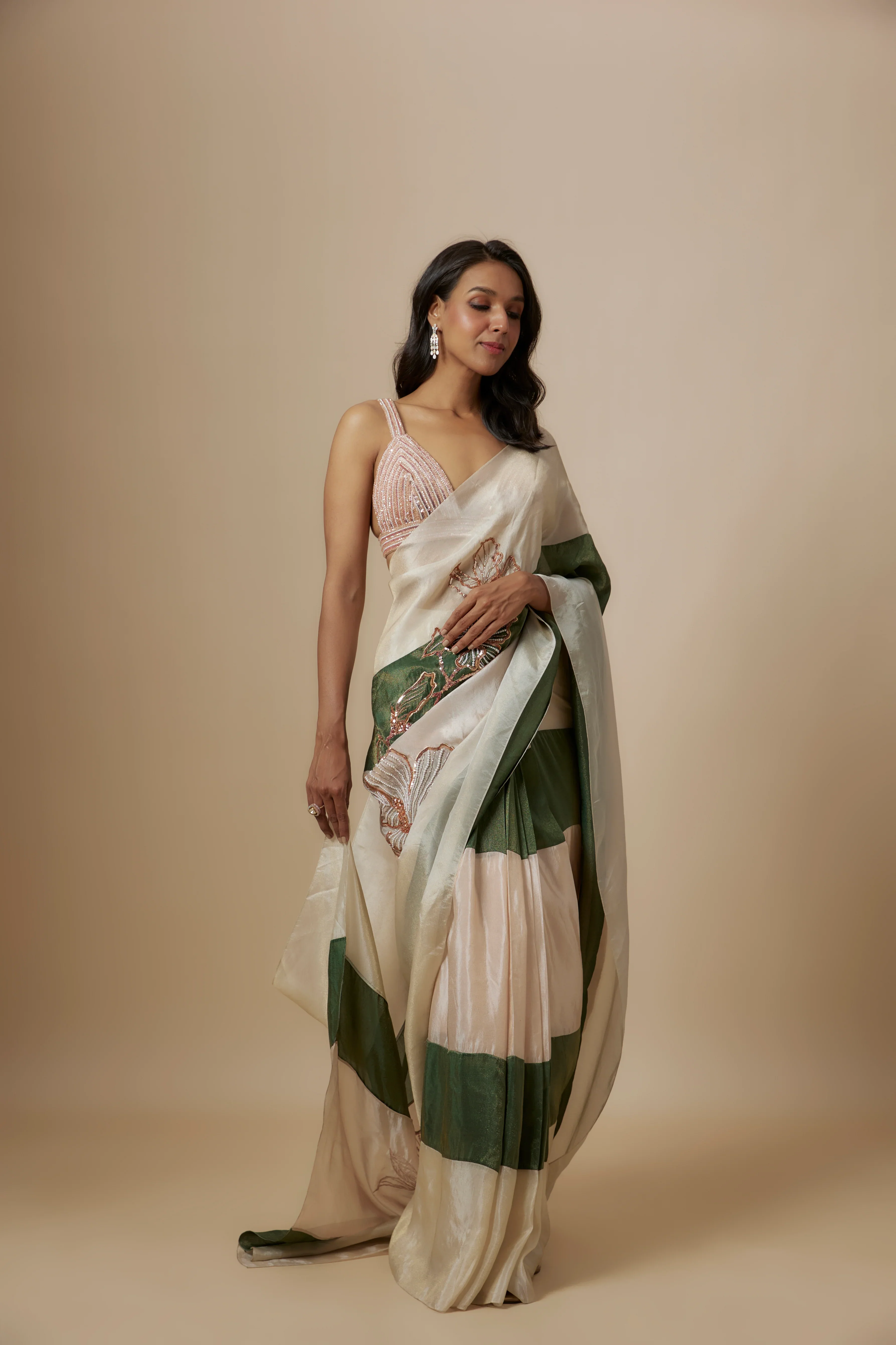 Green And Beige Colour Block Saree With Embroidered Blouse - Image 3