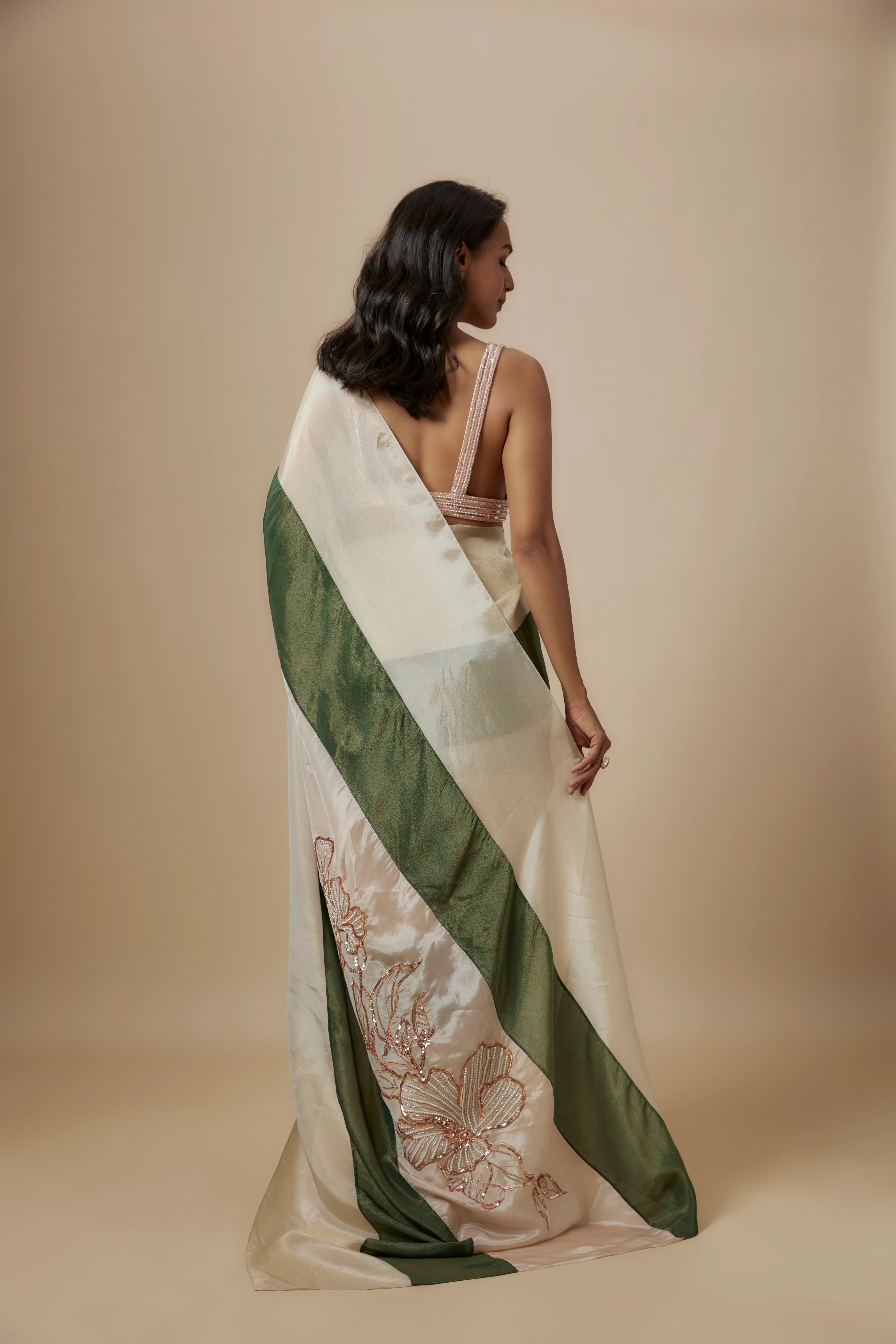 Green And Beige Colour Block Saree With Embroidered Blouse - Image 4