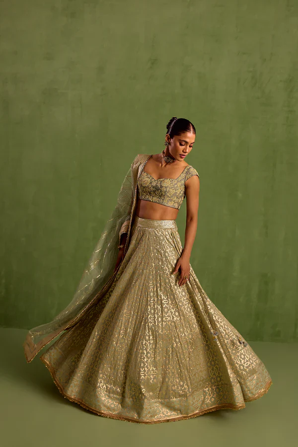 Green Banarasi Chanderi Woven Geometric Sweetheart Jaal Lehenga Set - Image 2