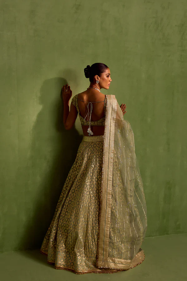 Green Banarasi Chanderi Woven Geometric Sweetheart Jaal Lehenga Set - Image 5