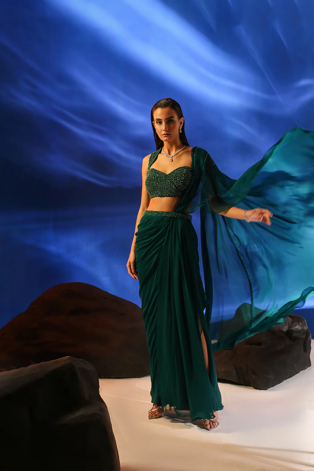 Green Celia Pre-draped Saree With Embroidered Blouse - Image 4