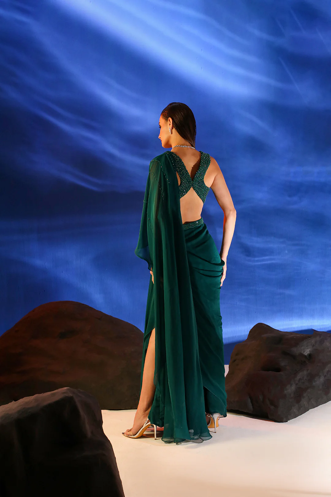 Green Celia Pre-draped Saree With Embroidered Blouse - Image 9